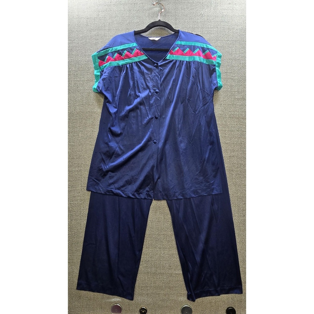 Vintage Henson Kickernick Pajama Set Womens Large Blue Geometric Nylon USA 2 Pc